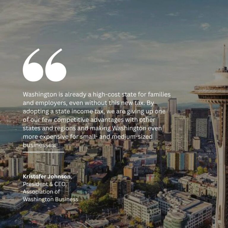 Quote from Association of Washington Business president Kristofer Johnson over a Seattle cityscape.